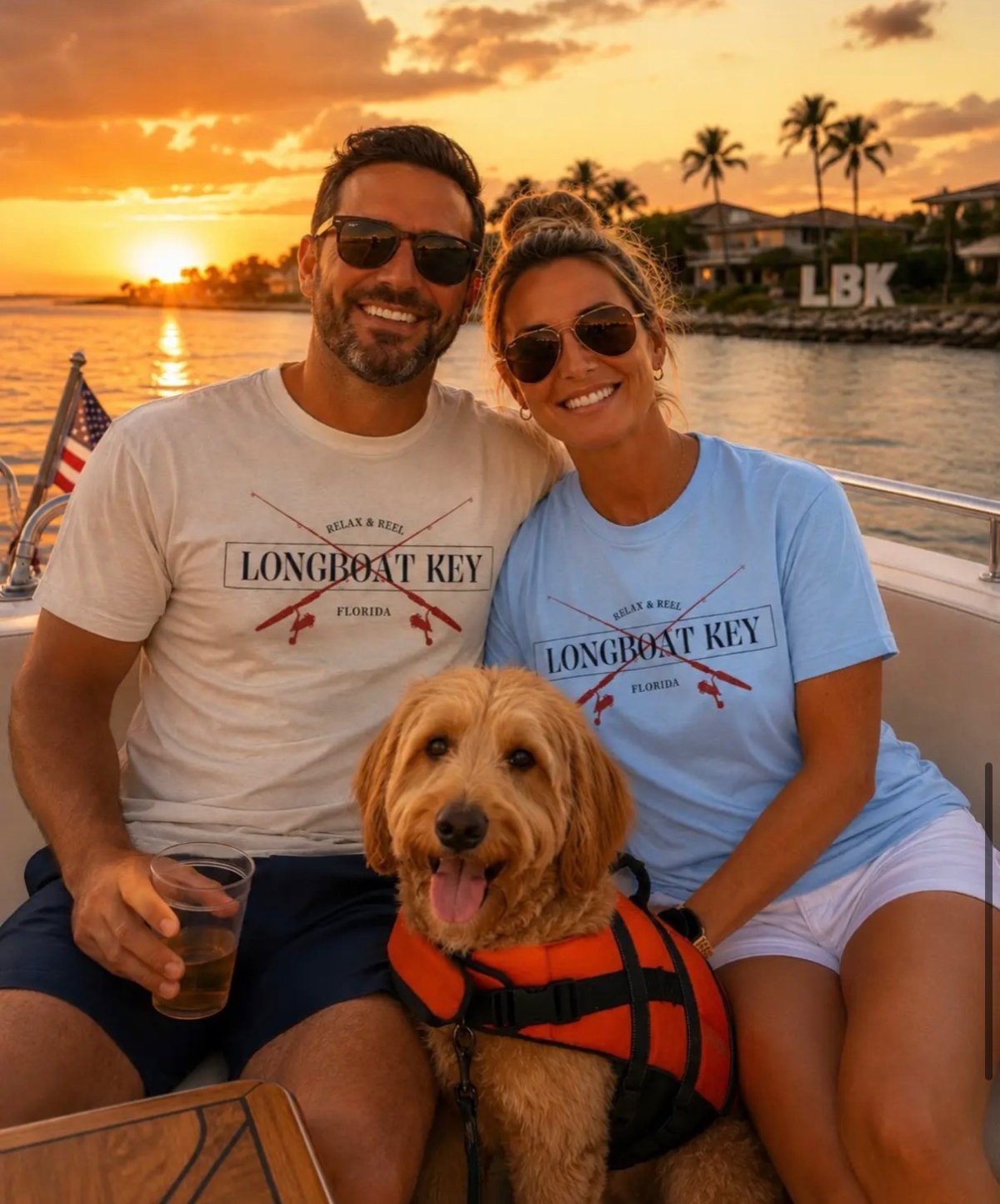 A couple and their dog on a boat at sunset wearing Longboat Key, Florida graphic tees