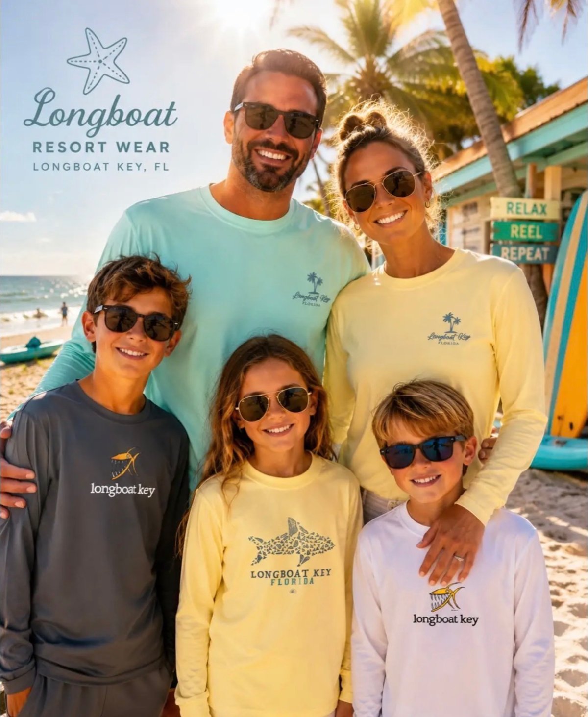 A family of five in Longboat Key long-sleeve sun shirts on the beach beside a surf shack