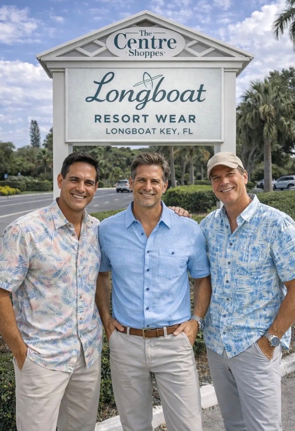 Three men in linen and tropical-print button shirts in front of The Centre Shoppes Longboat Resort Wear sign