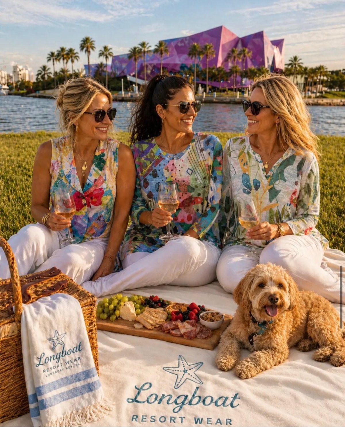 Three women in colorful printed tops at a waterfront picnic on Longboat Key with a Longboat Resort Wear beach towel